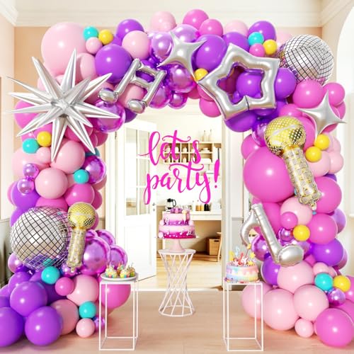 PTGOLUO Kpop Balloon Garland Arch Kit 160Pcs with Star Microphone Disco Musical Symbols Foil Balloons Songster Birthday Decoration for Music Fans Popular Singer Birthday Princess Party Decorations