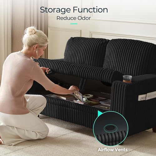 Image of LINSY HOME Loveseat Sofa with Storage - Comfy Plush Corduroy 2 Seater Sofa with USB Charging & Cup Holders, Deep Seat Love Seat for Small Spaces Living Room Bedroom Apartment, Black
