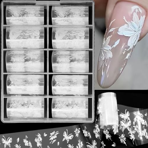 10 Rolle Weiße Blumen Nagelfolie Transferpapier Spitze Blume Transferfolie Nagelsticker Schmetterling Nagelfolien Nagelaufkleber Nail Art Flowers Transfer Aufkleber Nail Sticker Nageldesign Zubehör