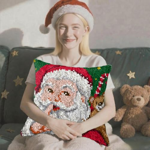 Image of Howie's Latch Hook Kit, DIY Santa Clau Pillow Crochet Yarn Kits for Adults, Color Preprinted Pattern Embroidery Sofa Cushion Cover (Christmas-Santa Claus 3, 16.93 x 16.93 inch)