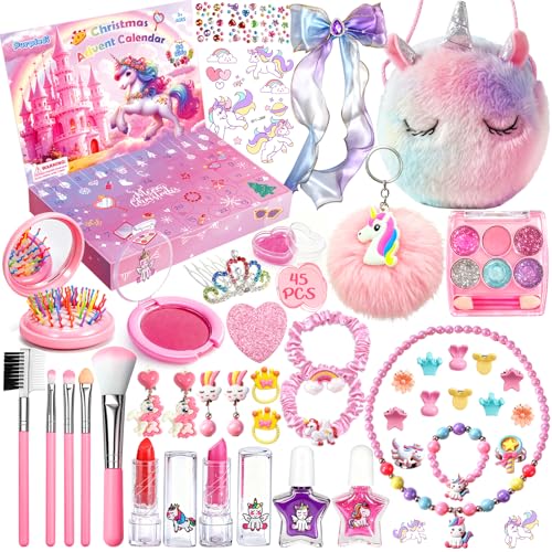 Purpledi Calendario de Adviento 2025 para Niñas – Caja de Regalo Unicornio con 24 Mini Sorpresas de Maquillaje, Joyería y Accesorios, Juego Creativo de Belleza Infantil para Navidad, Hijas y Nietas