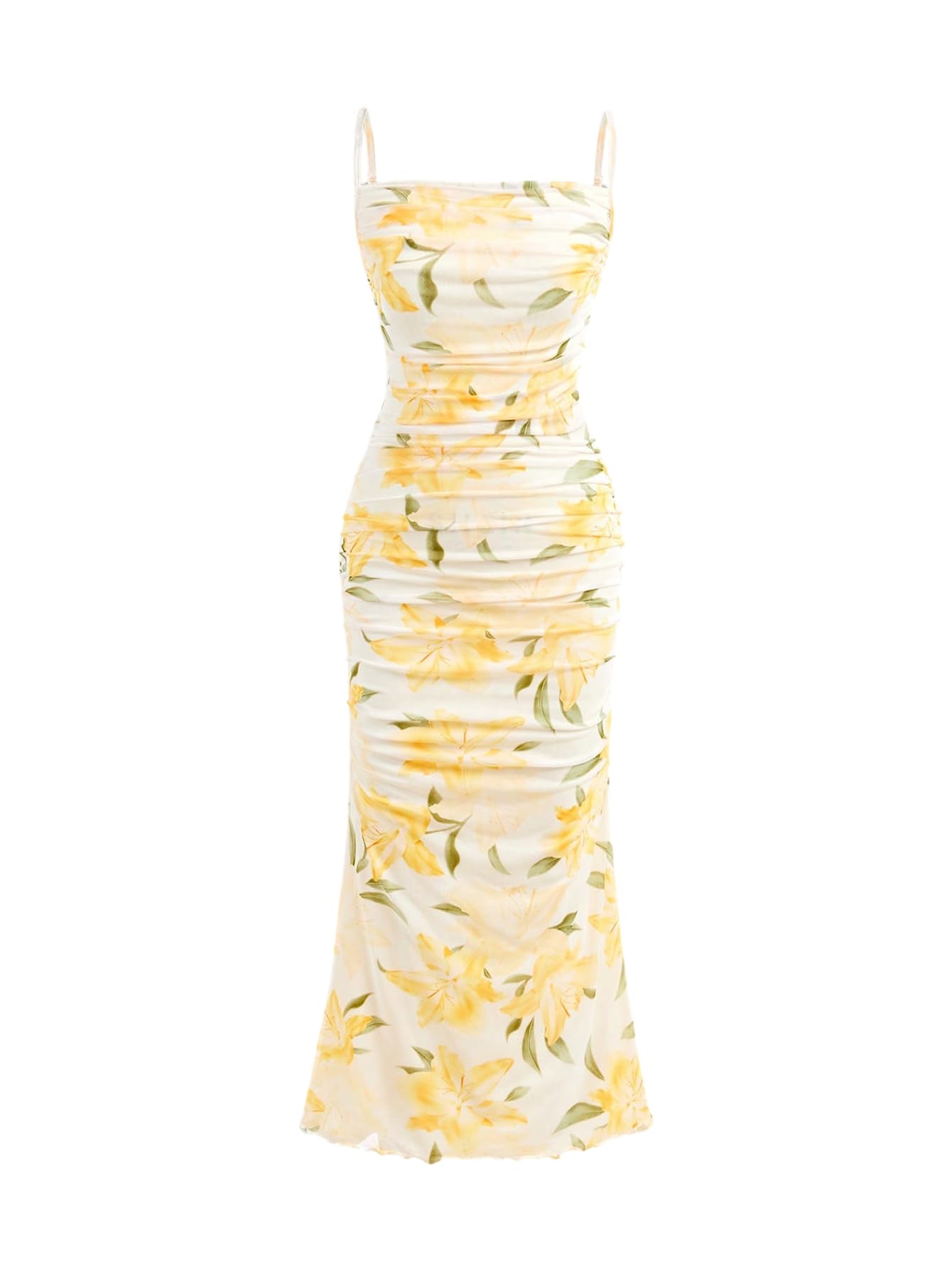 Photo 1 of WDIRARA Girl's Floral Print Square Neck Mesh Sleeveless Ruched Cami Dress Party Bodycon Dresses Light Yellow 11Y