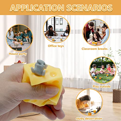 Image of Stretchy Cheese and Mice Toy , 2 Squishable Mouse and Cheese Block Toys, 2 Cute mice and a Cheese Toy，Squeeze Food and Animal Toys,Stress Busting Fidget Toy.