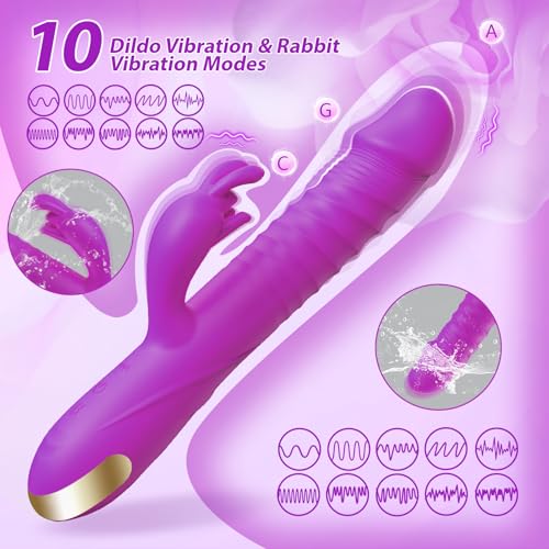 Image of SUPOLA Rabbit G Spot Vibrator, Thrusting Dildo Sex Toys for Women, Purple | 3 Thrust & 10 Vibration Modes, 3 Powerful Motors, Soft Silicone, IPX6 Waterproof, Fast Magnetic Charging for Solo or Couples