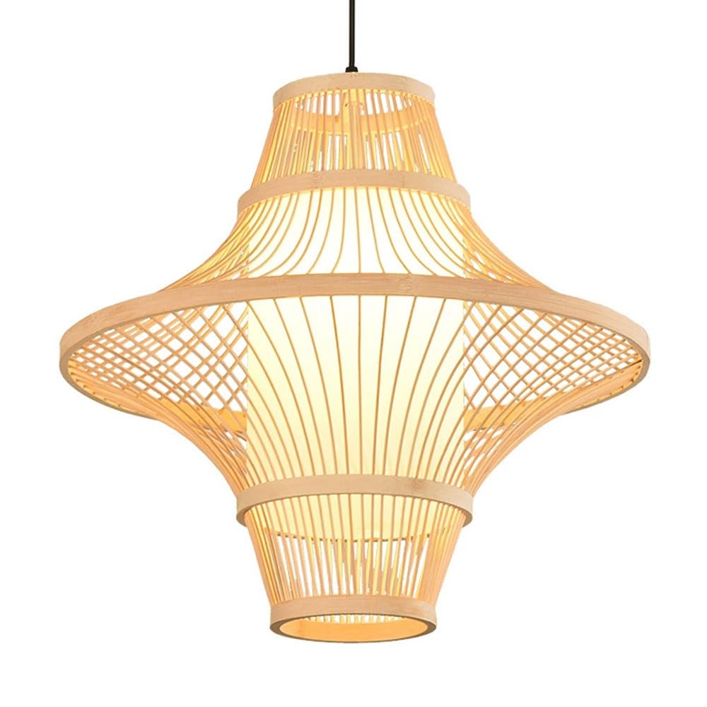 LQZCXMF Faux Parchment Bamboo Pendant Lights Large Boho Rattan Shade 19.7" Hand-Woven Natrual Wicker Hand-Woven Lantern 2-Layer for Kitchen Island Dinning Room Living Room 1-Pack
