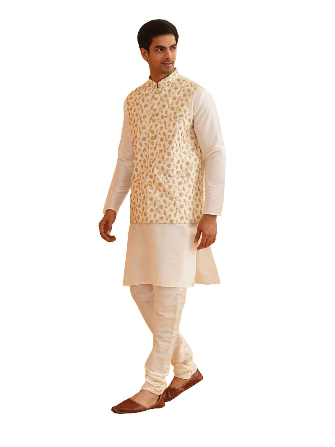 Sojanya (Since 1958 Men's Silk Blend Cream Kurta Pyjama With Embroidered Cream Nehru Jacket