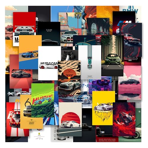 Image of ZENDEN STORE Pack of 54 Cars Wall Collage Kit Posters - 4x6 Inch, 300 GSM Matte Cardstock with 300+ Glue Dots - Sports & Automotive Wall Decor for Bedroom, Dorm, Garage