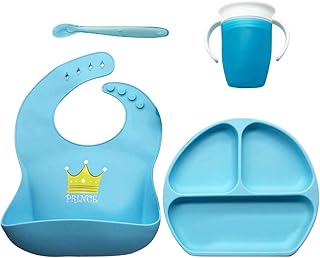 Vaisselle pour bébé et enfant, set : assiette avec ventouse, gobelet anti-fuite 360 apprentissage, bavoir imperméable et cuillère, idéal pour Baby Lead Weaning (bleu)