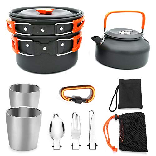 9個のキャンプポットとフライパンセット、ケトル付きキャンプ用調理器具キット、非スティックポットとフライパン、旅行キャンプハイキングピクニックバーベキュー用の折りたたみ式ハンドル付きポータブル調理器具セット