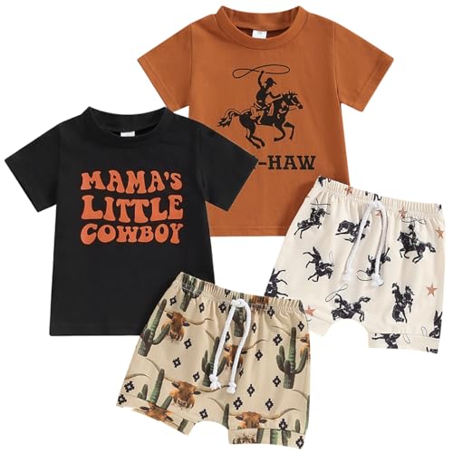 Image of VZF Baby Cowboy Outfits Toddler Western Cow Print Short Sleeves Shirt+Elastic Shorts Baby Boy Casual Summer Clothes Set