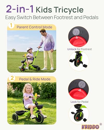 Image of KRIDDO 2-in-1 Tricycle for Toddlers 1.5-5 Years, Push Tricycle with Parent Steering & Detachable Handle, 9-Stage Adjustable Handlebar, Toddler Trike with Safety Belt, Clutch Pedals & Dual Baskets, GN