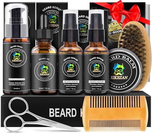 XIKEZAN Beard Kit for Men Grooming & Care Set w/2 Pack Beard Serum, Wash, Oil, Balm, Comb, Brush, Scissor, Bag, EBook, Unique Birthday Gifts for Men Him Dad Husband Brother Christmas Stocking Stuffers