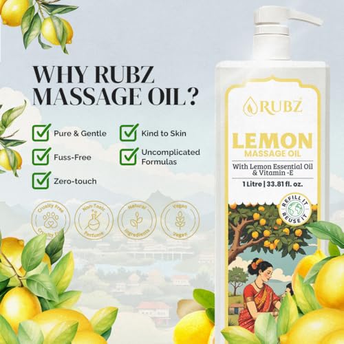 Image of Rubz Pure Lemon Massage Oil Infused With Natural Lemon Extract | Refreshing Citrus Scent To Relieve Tension And Moisturize | Refreshing, Hydrating & Aromatic Oil | 1 Litre