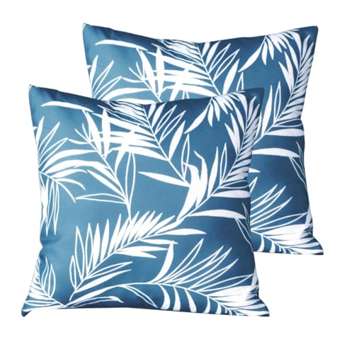 Atout Ciel Lot de 2 Coussins Garnis d'extérieur Bicolores en Tissu déperlant 40x40cm, Bleu imprimé/uni