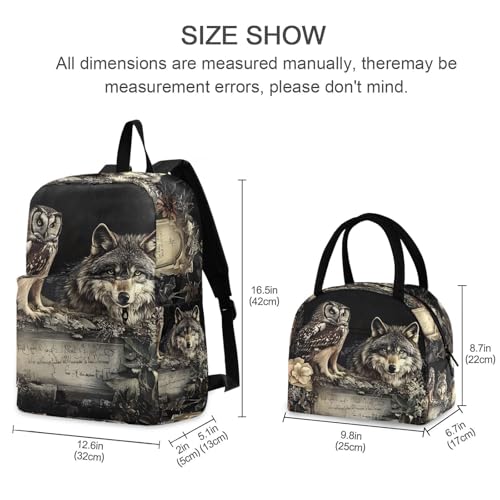 Owl and Wolf Print Backpack Set with Lunch Bag, Large Capacity Travel Backpacks and Lunch Box Insulated for Commute Hiking Picnic2