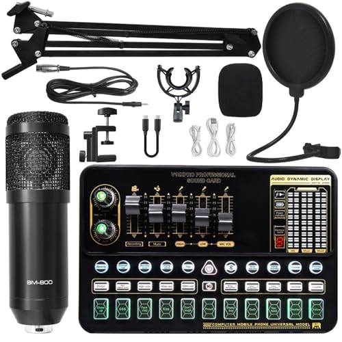 V10 Sound Card Set mit M800 Kondensatormikrofon – Professionelles Live Streaming, Karaoke & Podcasting Set, Dual Mikrofone, Bluetooth, LED Anzeige, für TikTok, YouTube und PC