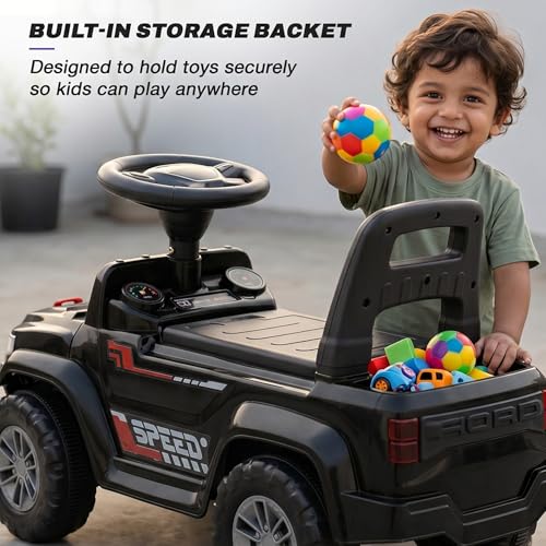 Image of Baybee Speedy Baby Ride on Car for Kids | Portable Kids Car with LED Lights, Music & Storage Basket | Push Toy Cars with High Backrest | Toddler Rideons Jeep for 1 to 3 Years Boys Girls (Black)