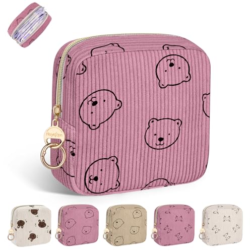 Image of Period Bag for Teen Girls, Corduroy Sanitary Napkin Storage Bag, Menstrual Pad Pouches Tampon Holder for Purse (Bears-Pink)