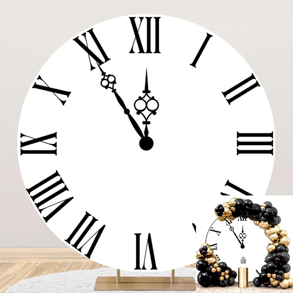 TTQYFNM 7.5x7.5ft White Clock Round Backdrop Cover Countdown Happy New Year Photography Background for Christmas New Year Eve Party Decoration Banner