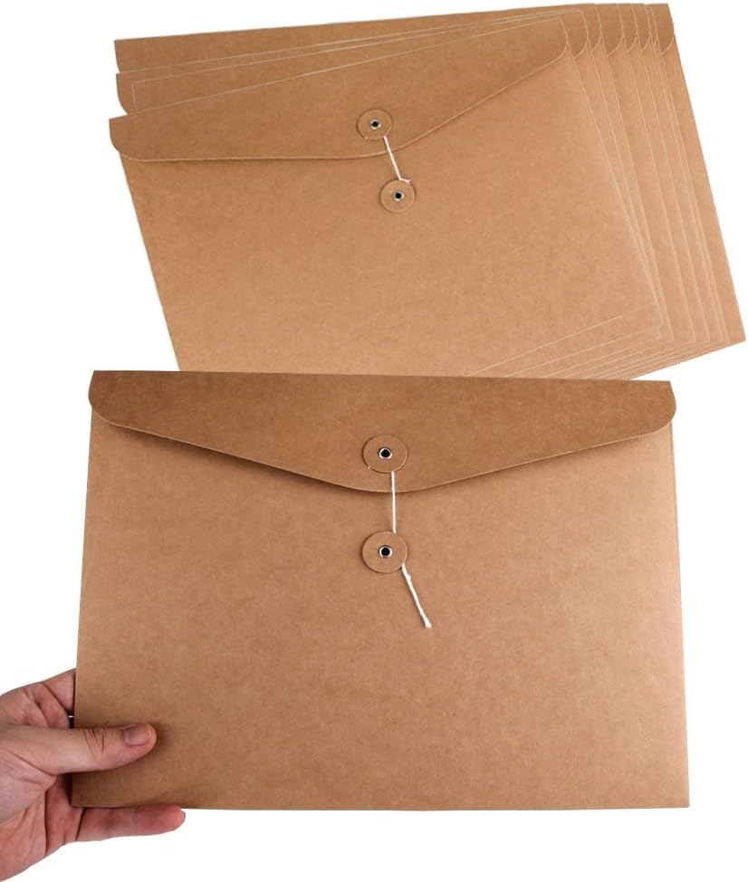 10pcs A4 Kraft Paper Envelopes Portfolio Foolscap File Folders Document Folder with String Fastener Closure Wallet Pockets File Bags Storage Pouch Paperwork Organizer Bag for Office School Home