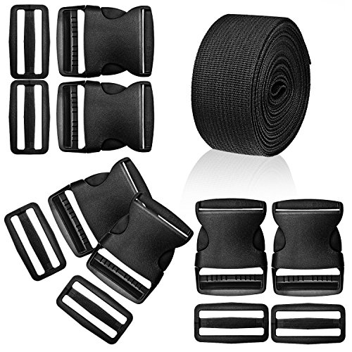 WXJ13 1.5 Inches Plastic Quick Release Buckles Flat Shape Buckles and Tri-Glide Slides with 5 Yards 1.5 Inches Wide Polypro Webbing for DIY Strap Making