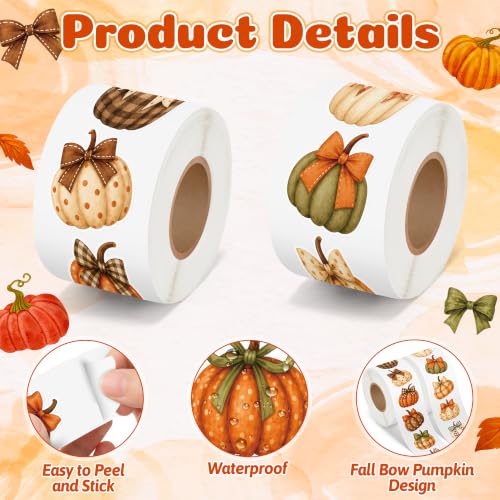 Image of Autumn Bow Pumpkin Stickers, 1000Pcs Watercolor Polka Dot Plaid