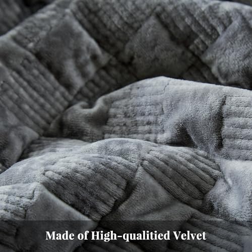WARMDERN Luxury Velvet Quilt Queen Size, Geometrical Stitch Quilts Set, Soft Lightweight Bedspread and Coverlet, Light Grey Bedding with 2 Pillow Shams for All Season, 90" x 96"