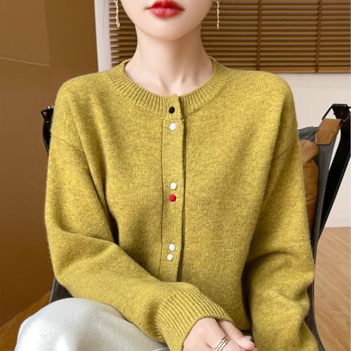 Women's Crewneck 100% Merino Wool Sweater 2025 Spring Fall Solid Long Sleeve Colorful Buttons Cardigan Sweater4