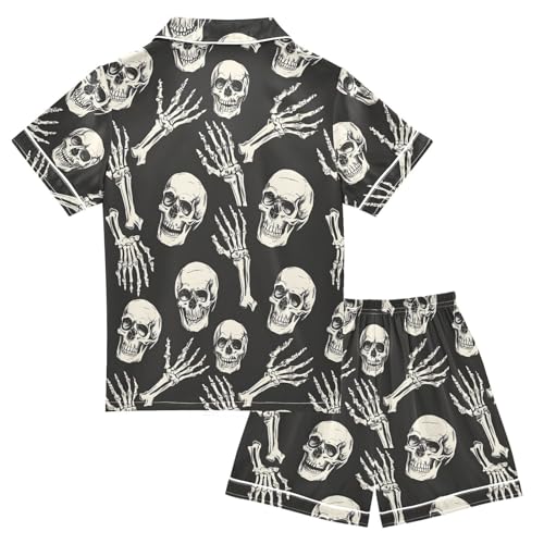 ALAZA Sugar Skull Hand Black Halloween Satin Pajamas Set Short Sleeve Button Down Sleepwear Summer Pjs 2 Piece2