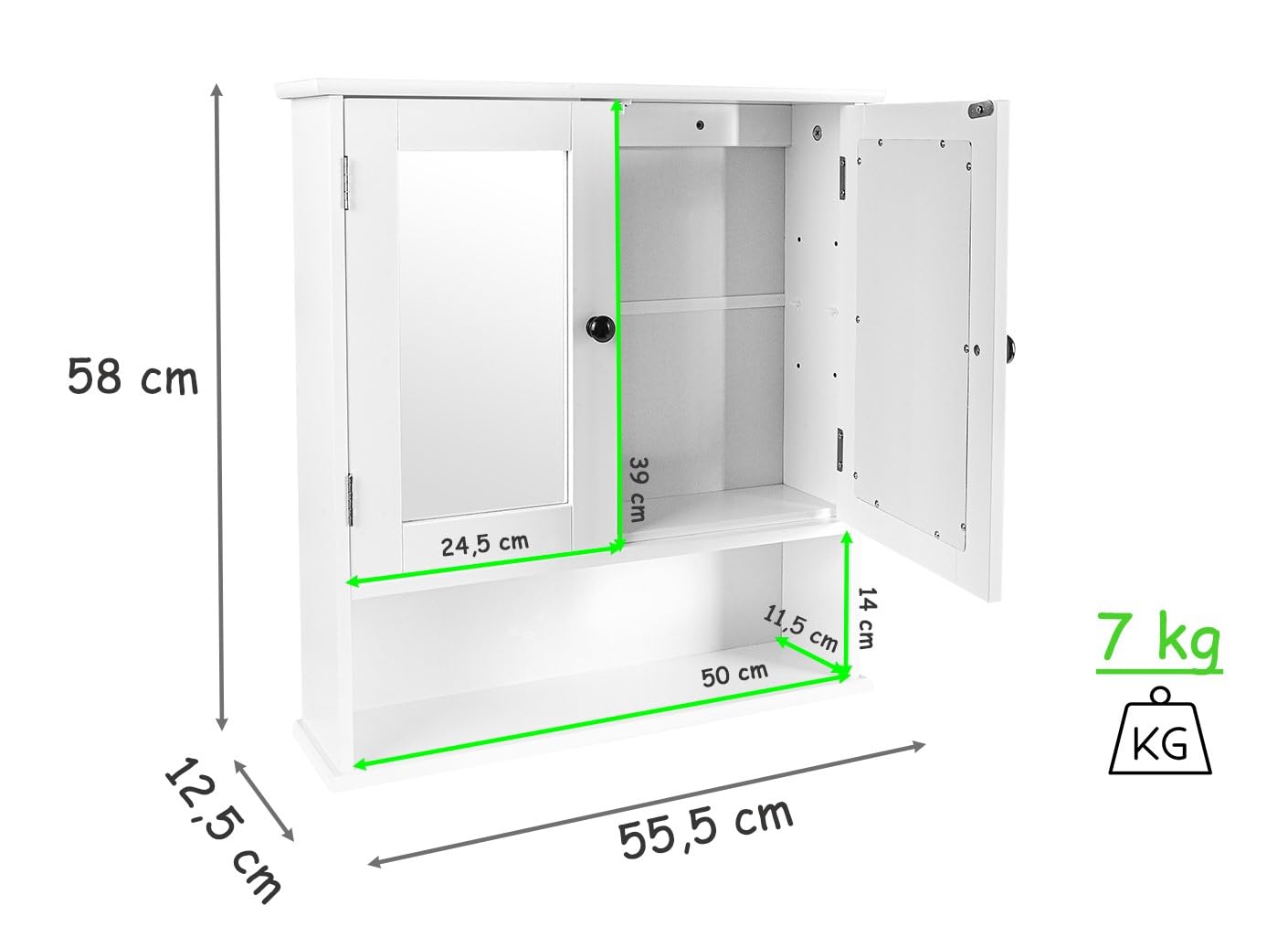 Leomark Biała uniwersalna szafka wisząca z lustrem i drzwiczkami 55,5 x 12,5 x 58 cm zamykana szafka ścienna kompaktowa łazienkowa Meghan