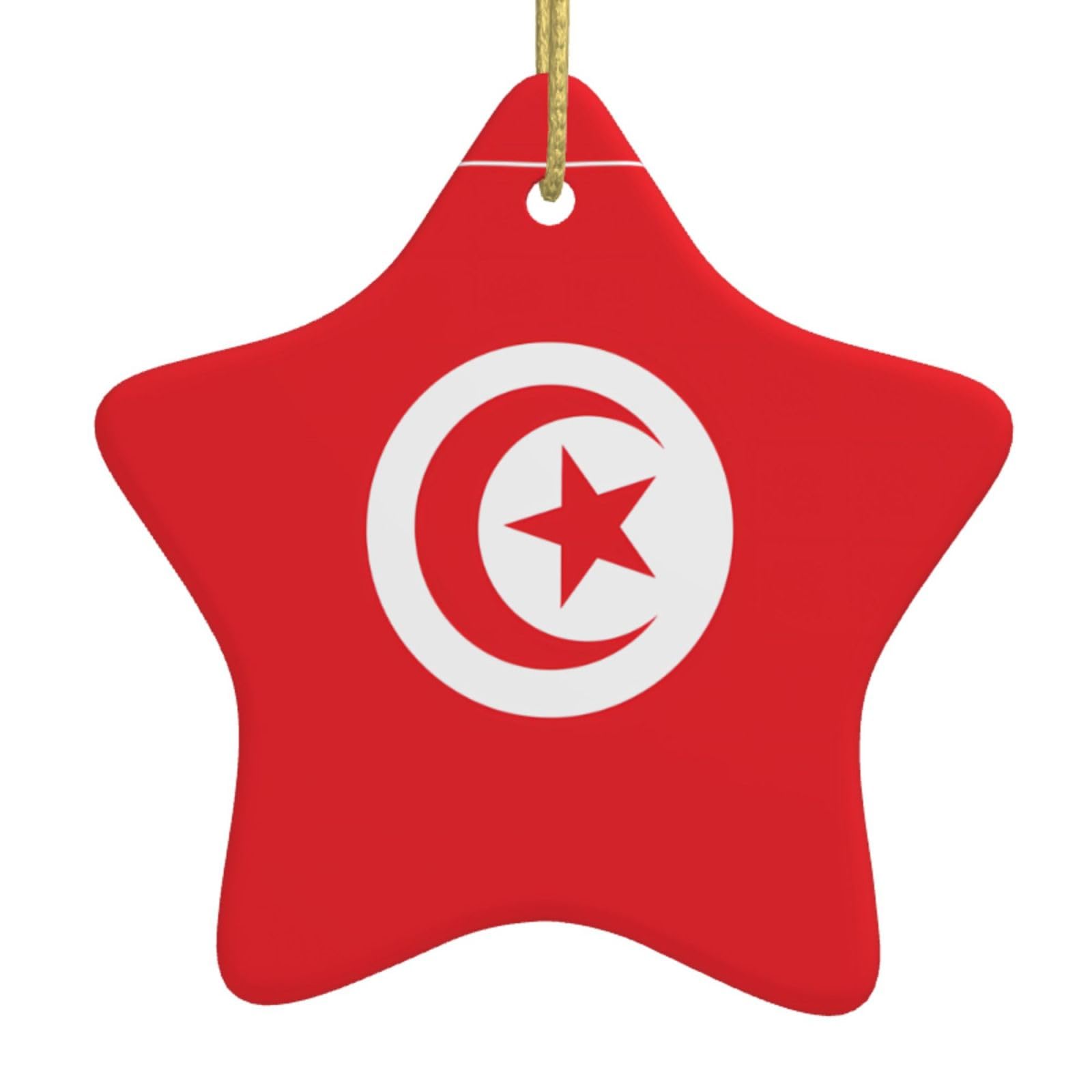 Tunisian Flag Christmas Ceramic Star Pendant with Punched Holes and Gold Wire Rope, Christmas Tree Home Decoration