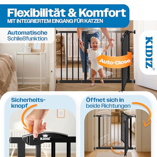 KIDIZ Treppenschutzgitter ohne Bohren | Verstellbare Breite: 74-80 cm, 75 cm hoch, Türschutzgitter und Absperrgitter für Kinder und Hunde, Beidseitige Einhand Öffnung, 90° Open-Stop System, Schwarz
