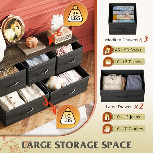 Image of WLIVE Dresser for Bedroom with 5 Drawers, Wide Chest of Drawers, Fabric Dresser, Storage Organizer Unit with Fabric Bins for Closet, Living Room, Hallway, Charcoal Black Wood Grain Print