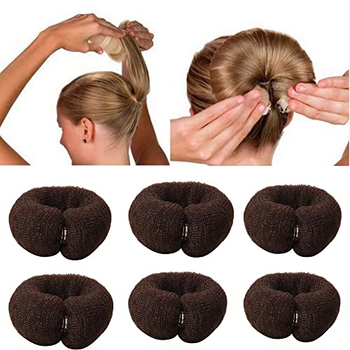 GOUXTD 6 Pcs Hair Bun Maker, Magic Roll Tool Hair Ring DIY Hair Foam Ring Shaper Snap Donut Styling Tools Women Hair Bands Fast Roll Bun Accessories (Brown)