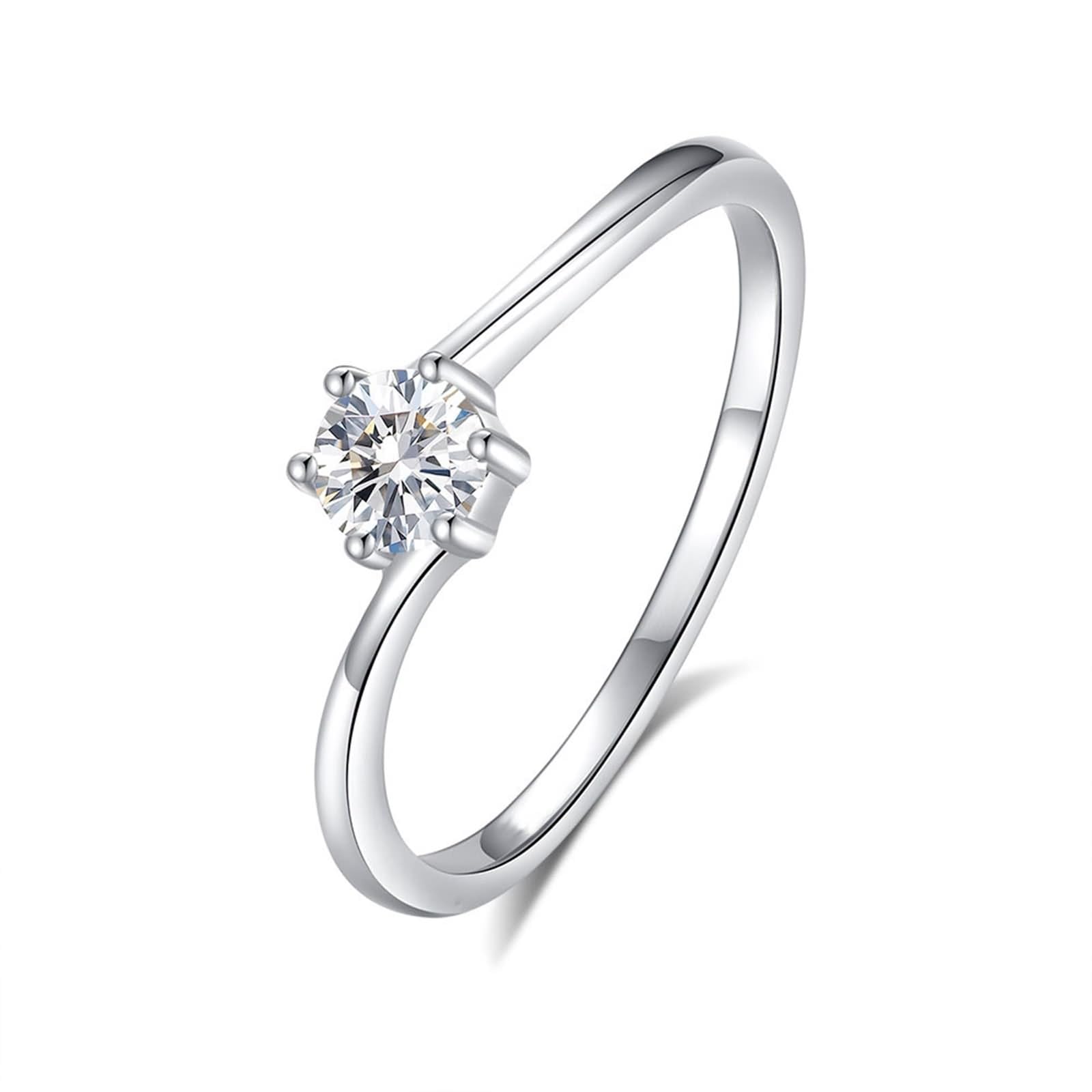 Edelstahl Ringe Damen Silber, Ringe Vintage Schmaler Solitärring mit Rundem Moissanit 0,3 Ct 14K Weißgold Größe 49 (15.6)