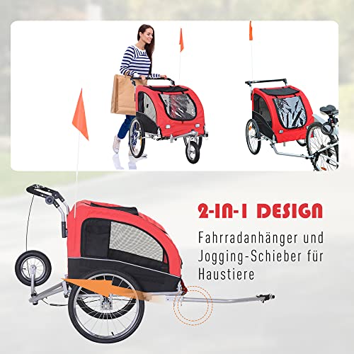 PawHut 2-in-1 Hundeanhänger, Fahrradanhänger für Hunde, Klappbar Hundewagen mit Reflektoren, Fahne, Hundefahrradanhänger Hundebuggy für Hunde bis 20 kg, Oxford-Gewebe Rot+Schwarz