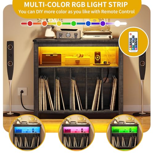 DWVO LED Glow Turntable Stand with Integrated Power Ports & Rotating Display Racks | Modern Album Organizer for Living Room Turntable Setup | Vintage Forge Oak