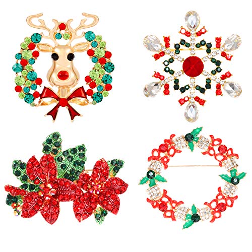 CXCraft Christmas Brooch Pins for Women Girls Xmas Elk Wreath Brooches Rhinestone Holiday Snowflake Pins Poinsettia Flower Brooches Set