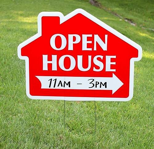 Open House Sign Kit, Die Cut House Shape with Stands, Durable Corrugated Coroplast, UV Ink, Unconditional Guarantee, Real Estate Agent Supplies, 5-18x24 Signs + 5 Stands (Red - Open House)