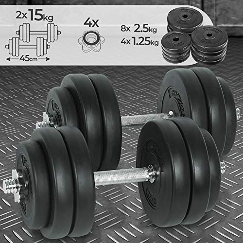 Physionics Set d'Haltères Courts - 2 x 15 kg, avec Revêtement en Plastique, 2 Barres Courtes en Acier et 4 Fermoirs en Forme dÉtoile - Poids, Disques pour Fitness, Musculation