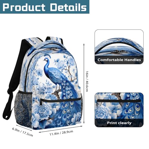 Blue Peacock Floral Travel Backpack for Women Men Large Capacity Hiking Backpack Lightweight Carry On Laptop Backpacks for Gym Work Camping2