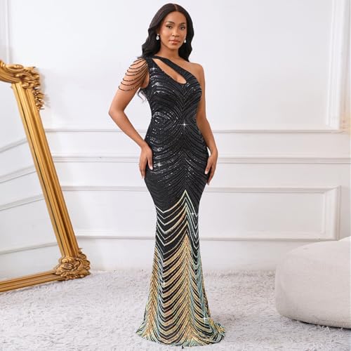 Image of Cololura Women Sequin Elegant Sexy One Shoulder Tassel Mermaid Bodycon Cocktail Evening Dress