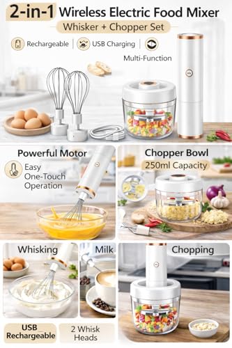 Image of Vasukie 2-in-1 Wireless Electric Hand Mixer & Vegetable Chopper, Egg Beater with Whisk Attachment, Portable Mini Food Processor for Cream, Egg, Garlic & Vegetable Chopping