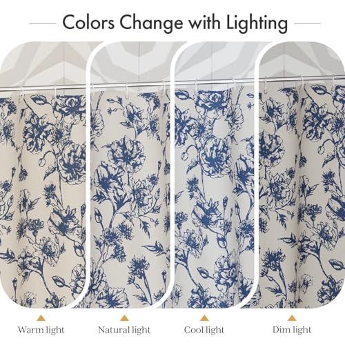 Image of AmazerBath Navy Blue Floral Shower Curtain, Modern Farmhouse Shower Curtain Set with Tassels, Rustic Faux Linen Shower Curtain Washable with Hooks for Cottagecore Style, 72x72 Inches