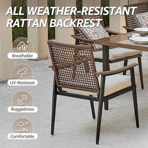 Image of NATURAL EXPRESSIONS 7 Piece Patio Dining Set for 6,Rattan Wicker Swivel Patio Dining Chairs with Cushions,Aluminum Woodgrain Armrest, 65 inch Large Dining Table with Umbrella Hole for Yard, Garden,Pool