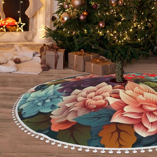 Jupe de sapin de Noël en fleurs 122 cm avec pompons