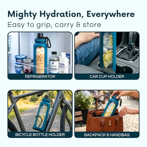 Image of 1 Litre Borosilicate Glass Bottle with Silicone Cover & 2 Lids, Motivational Straw Sipper Water Bottle For Adults with Time & Measurement, 1 Ltr Home, Office & Gym Bottles For Women & Men (Blue)