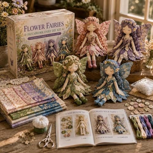 Kit de costura premium: 4 muñecas de tela aladas DIY con materiales de patchwork completos 7