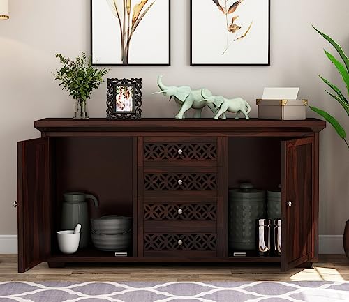 Image of Solid Sheesham Wood Wooden Sideboard Storage Cabinet : Ideal for Living Room and Bedroom with 4 Drawers and 4-Shelf Storage (Cambrey, Walnut Finish)