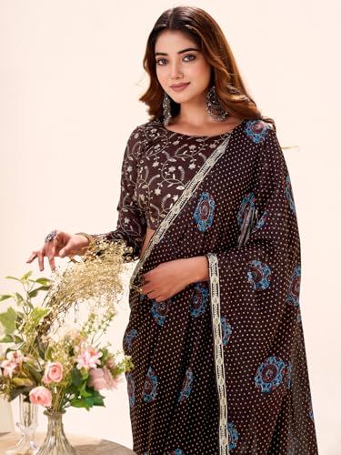 Image of AKHILAM Women's Bandhani Printed Chiffon Saree with Blouse
